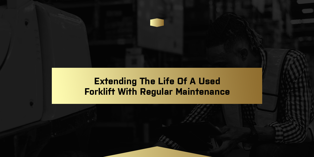 Image for an article on extending used forklift life with regular maintenance, showing a technician inspecting a forklift.